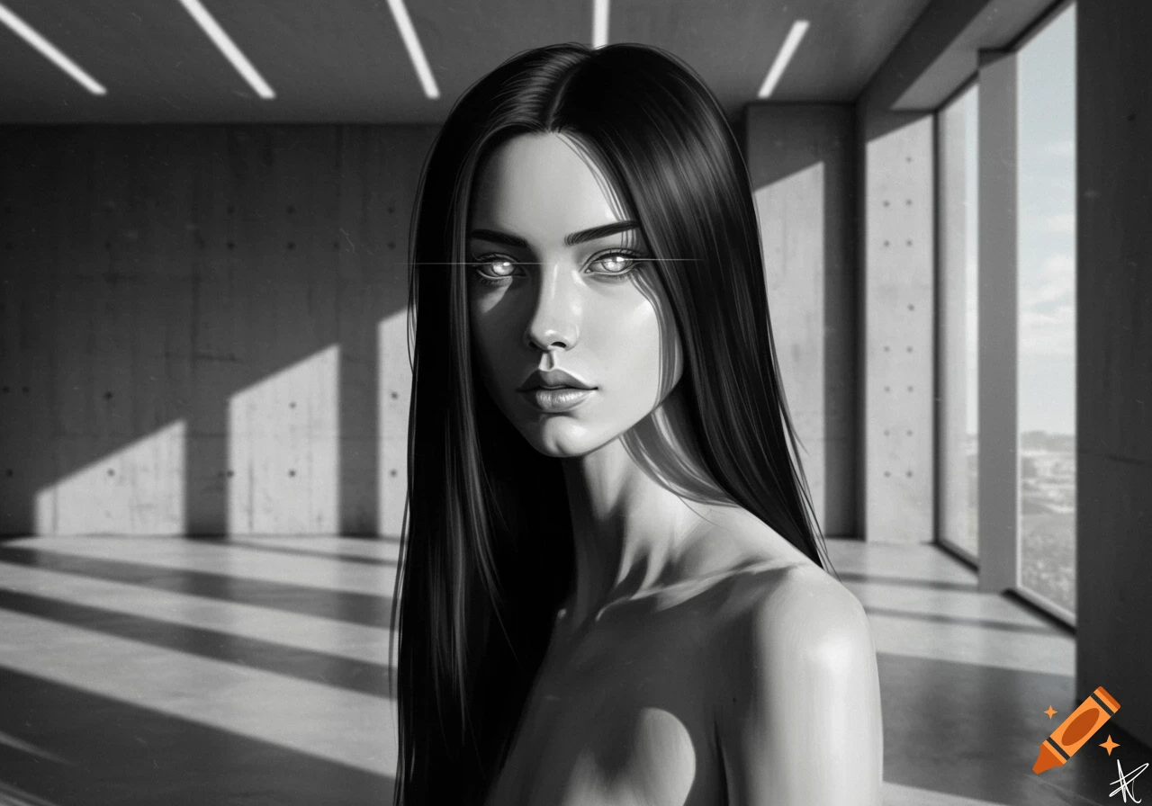 Black and white digital art portrait of a striking woman with long black hair and glowing silver eyes in a modern concrete room.
