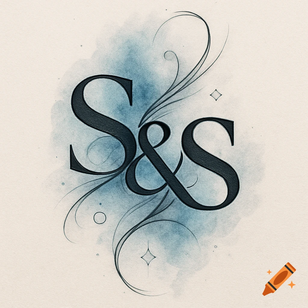 Stylized dark blue letters 'S & S' with an ampersand, surrounded by elegant flourishes and a soft blue watercolor wash on a light background.