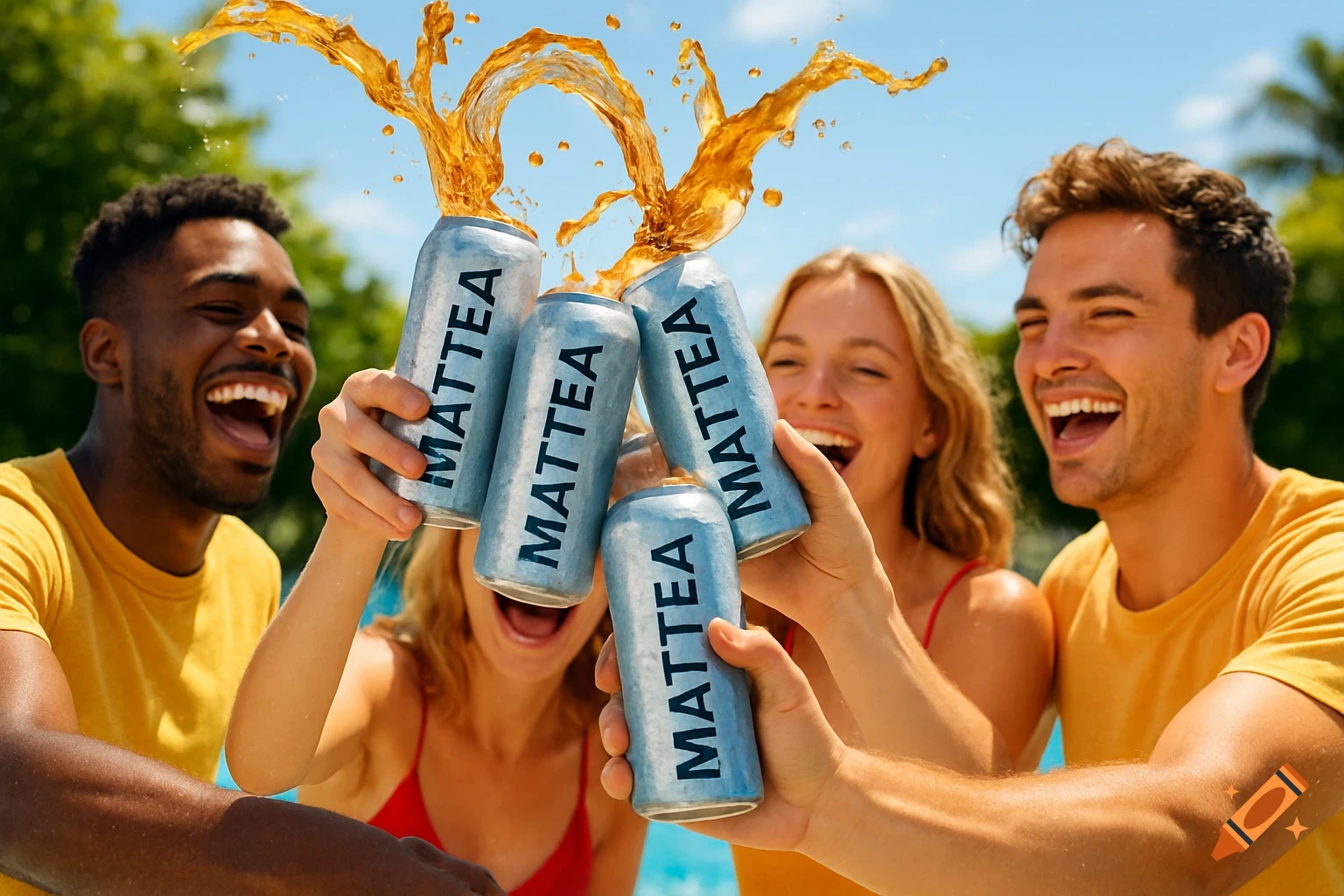 Four diverse people cheerfully clinking 'MATTEA' cans, with liquid splashing out, outdoors by a pool on a sunny day in a photorealistic style.