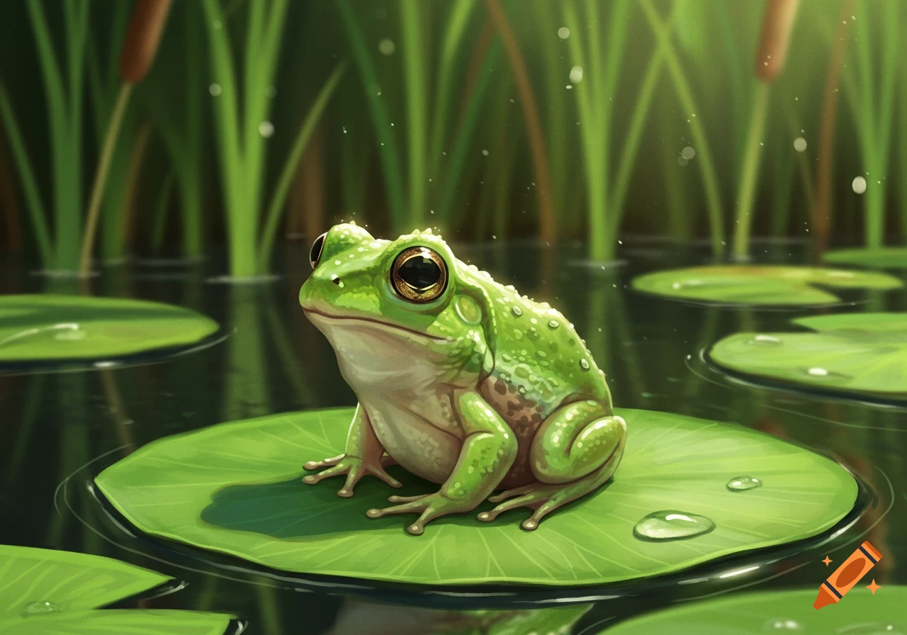A vibrant green frog with large eyes sits on a lily pad in a pond with reeds, surrounded by shimmering light.