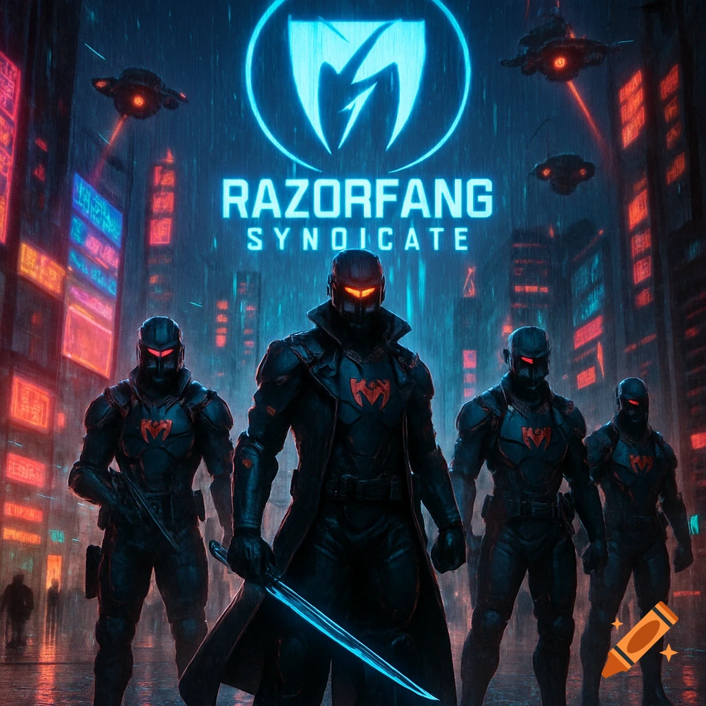 Cyberpunk operatives in sleek armor stand in a rainy, neon-lit city under a glowing RazorFang Syndicate logo.
