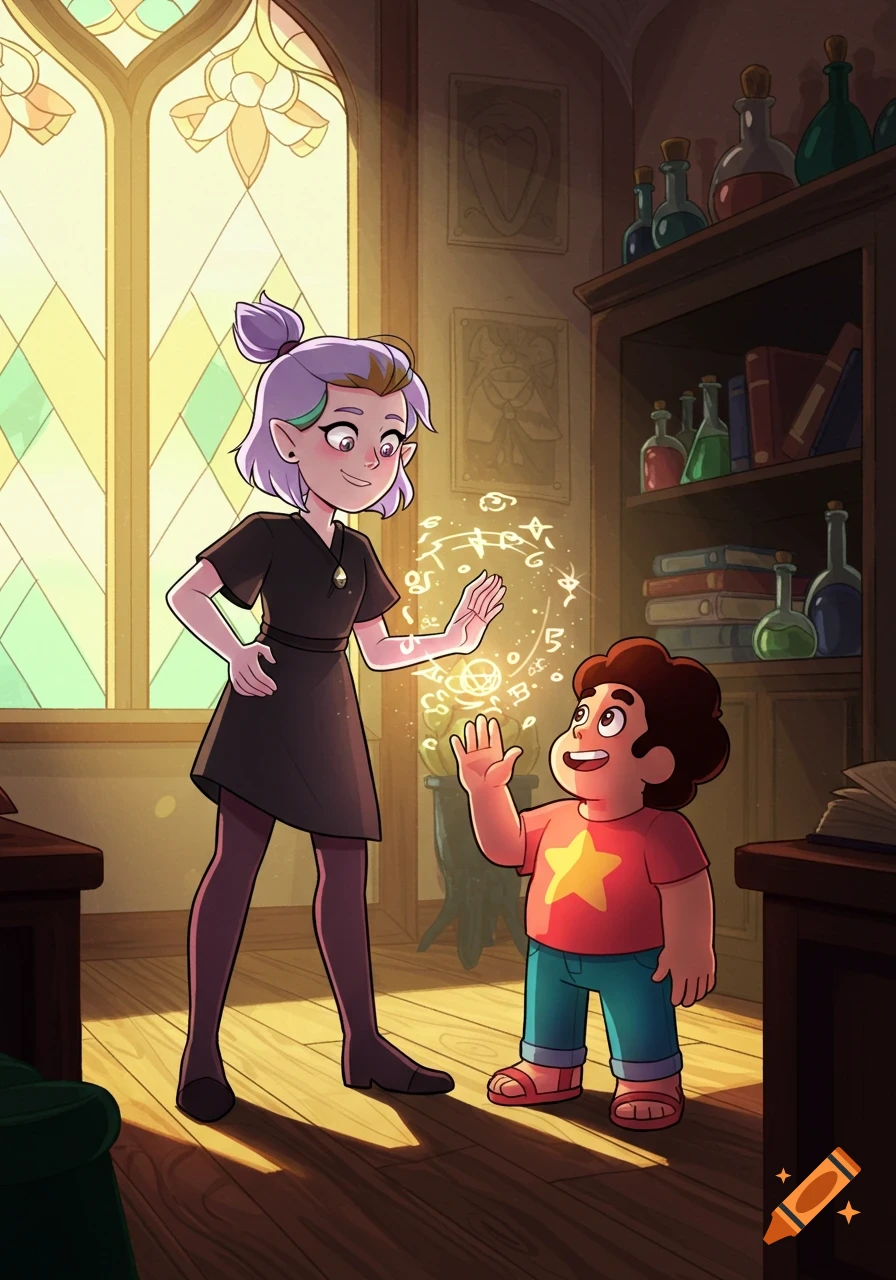 Amity Blight teaches Steven Universe healing magic in a magical study. Amity conjures glowing runes as Steven watches with wonder.