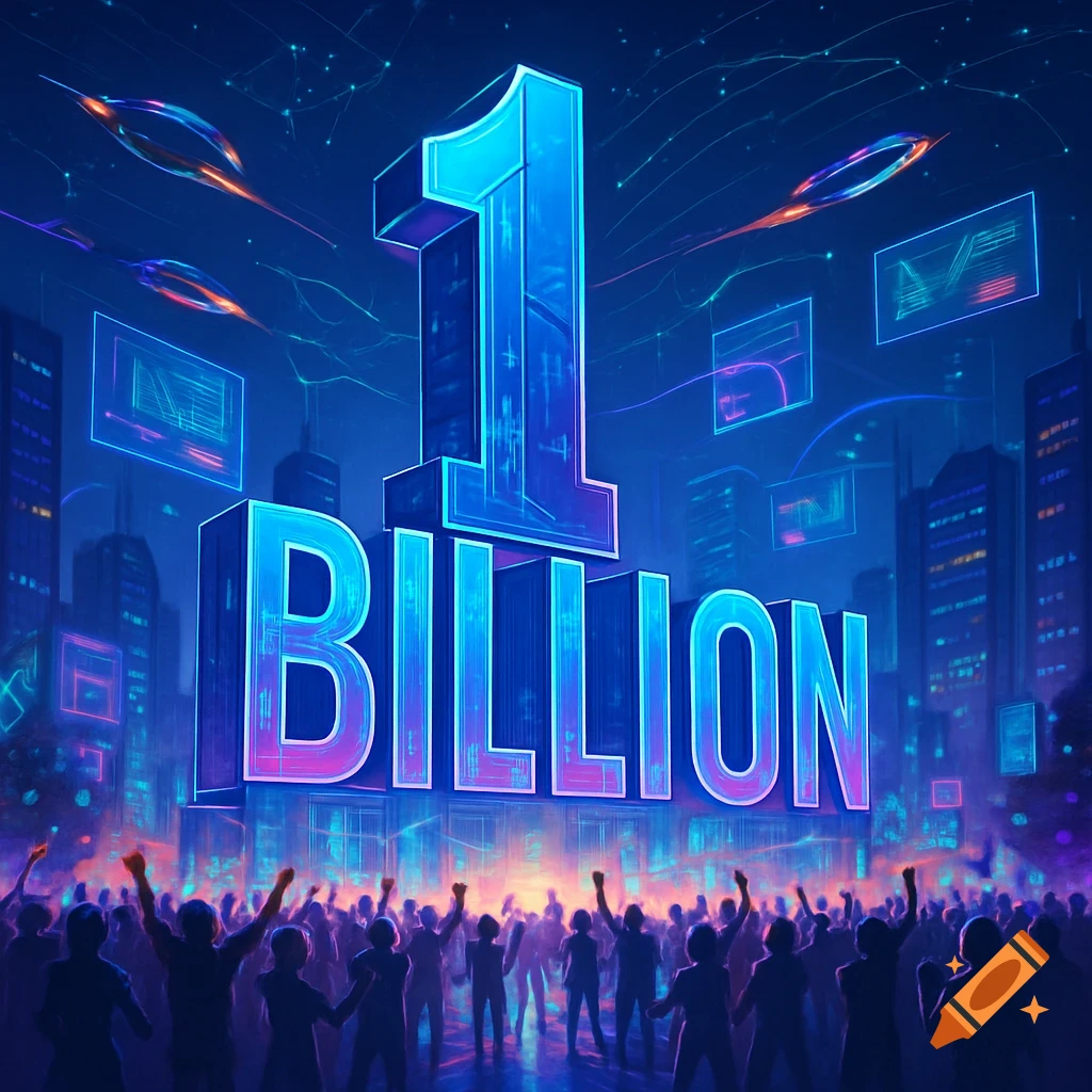 A large, glowing '1 BILLION' sign overlooks a futuristic city with a cheering crowd, in a neon digital art style.