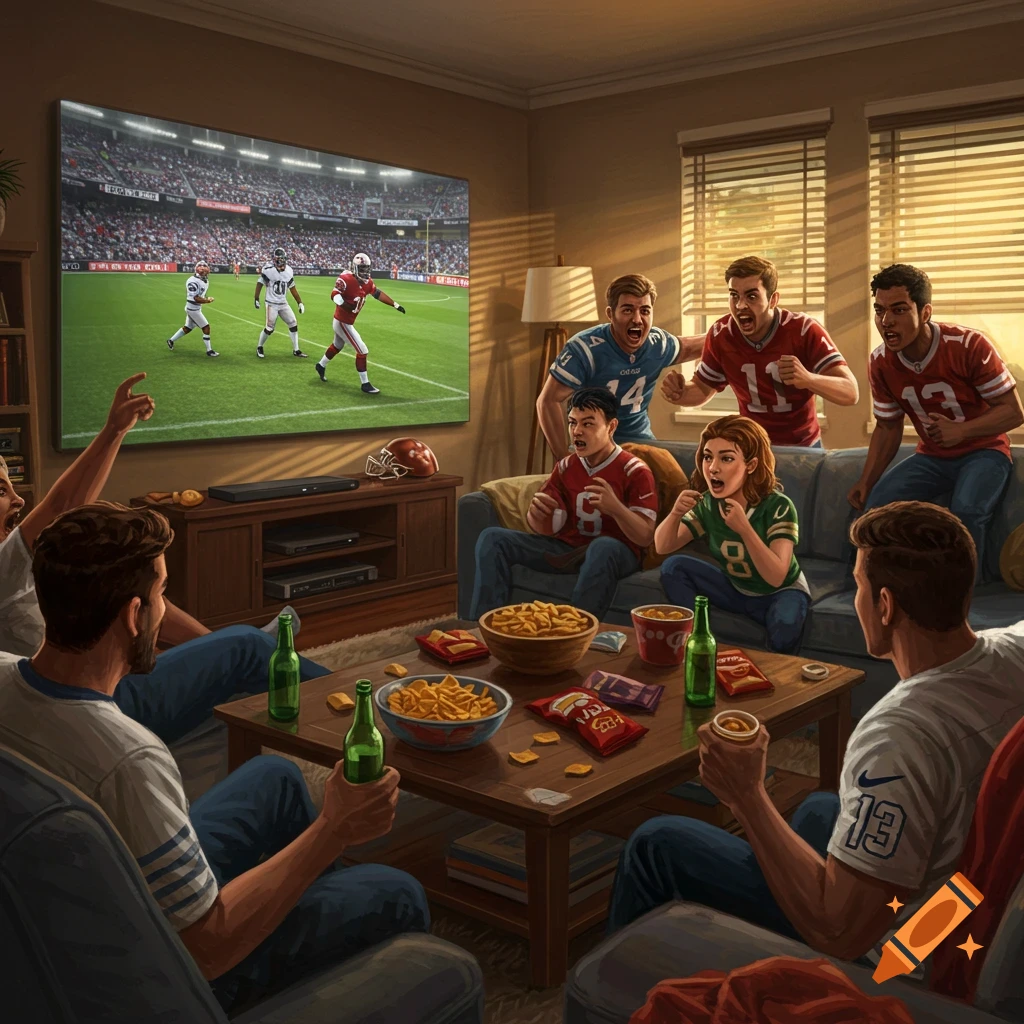 A group of friends enthusiastically watching American football on a large screen in a living room, with snacks and drinks on a coffee table.