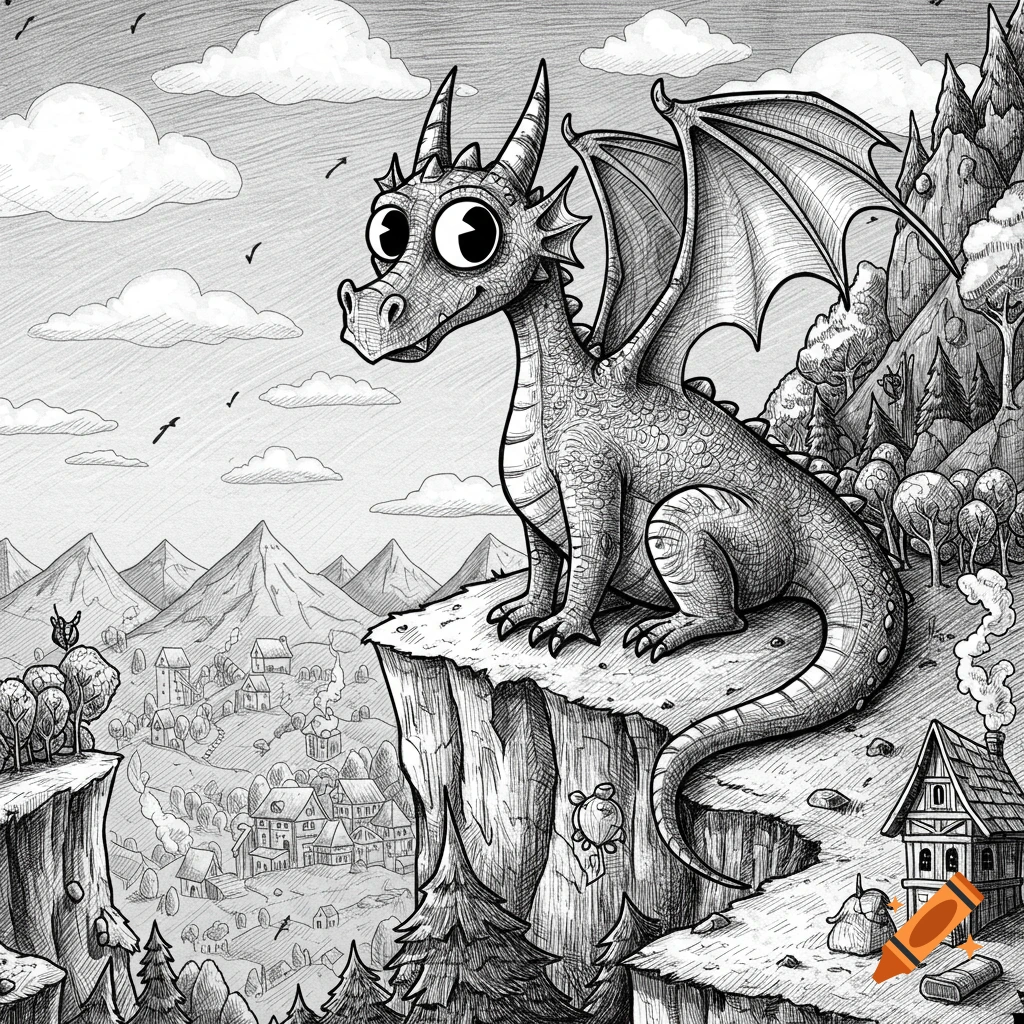 Black and white cartoon drawing of a cute dragon sitting on a cliff, overlooking a fantasy village with mountains in the background.