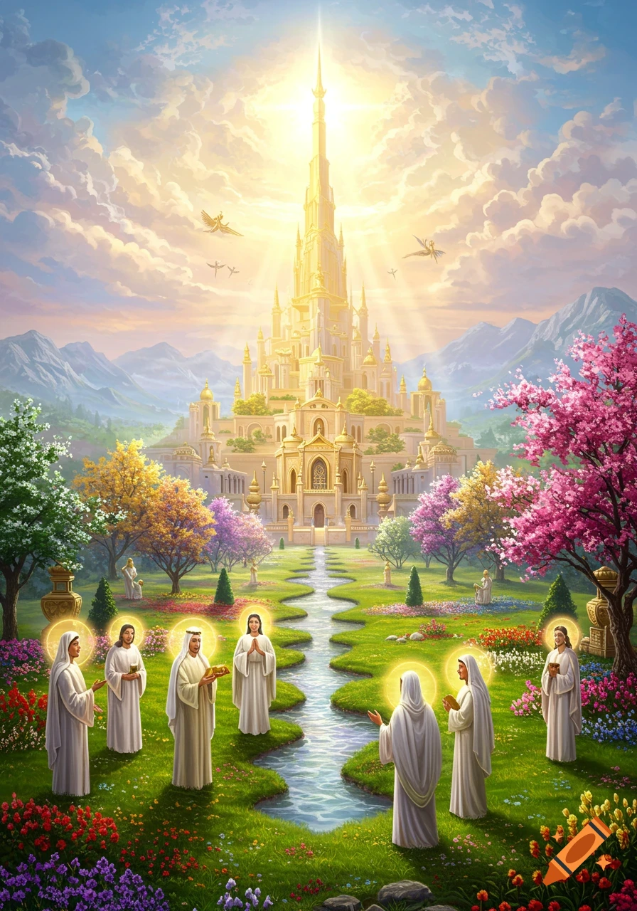 Vibrant digital painting of a golden castle with a towering spire, surrounded by lush gardens, a stream, and robed figures with halos, under a radiant sky.