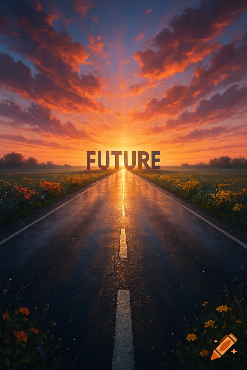 A photorealistic road extends into a vibrant sunset, with 'FUTURE' written above the horizon, flanked by flowering fields.