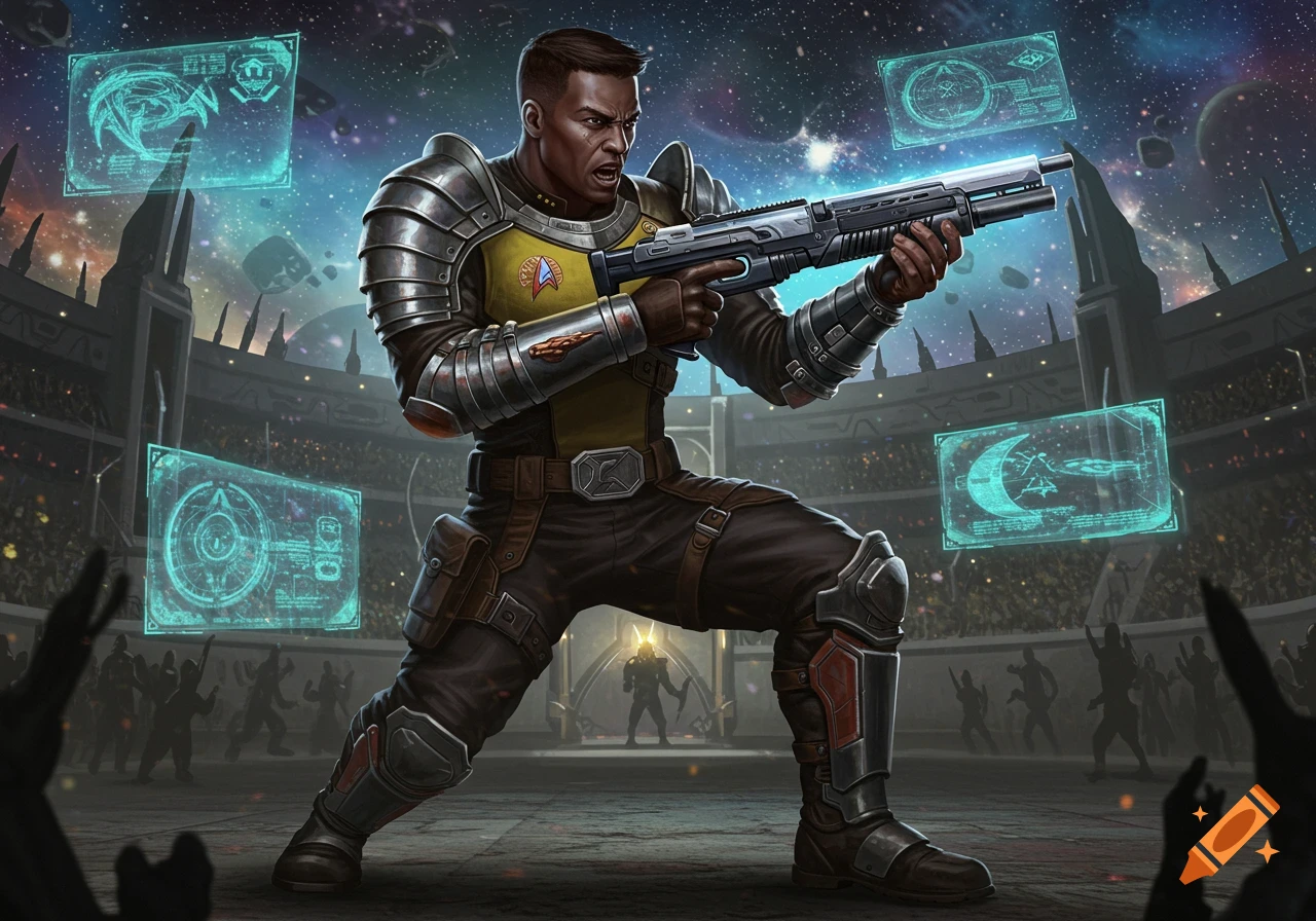 A muscular Black man in futuristic armor with a Star Trek emblem, holding a rifle in a combat pose in a neon-lit arena, with holographic screens floating around him.