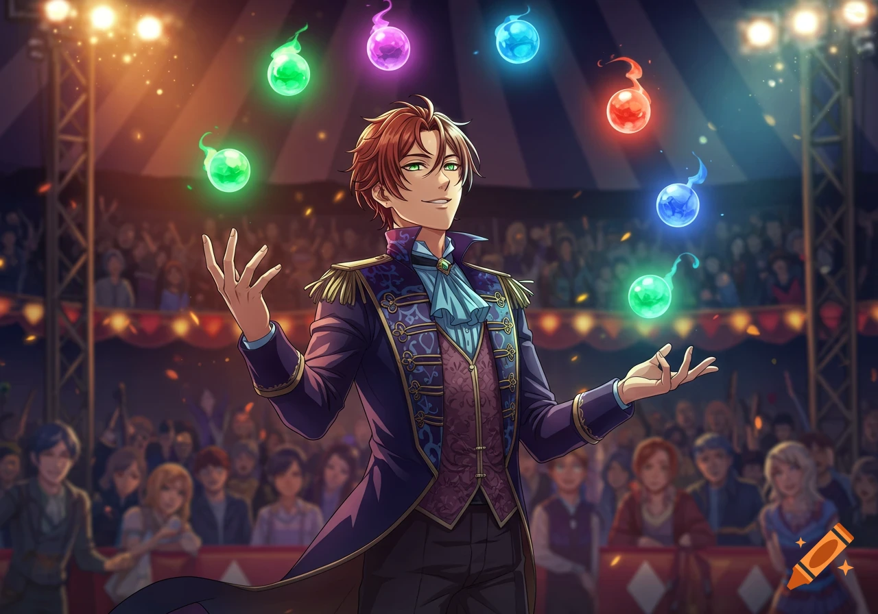 Anime-style male juggler performing in a circus tent, juggling glowing magical orbs before an audience.