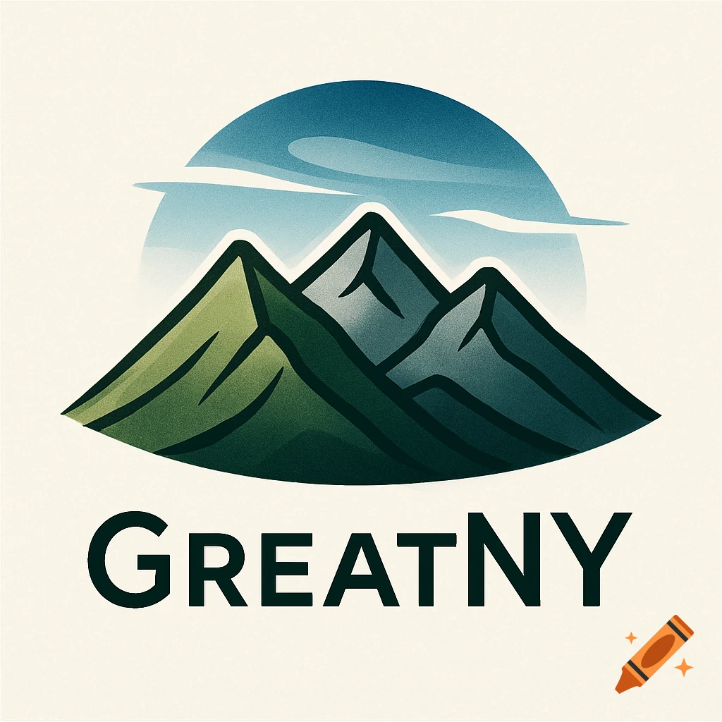 A stylized logo featuring green and grey mountains under a blue sky, with the text GREATNY below.