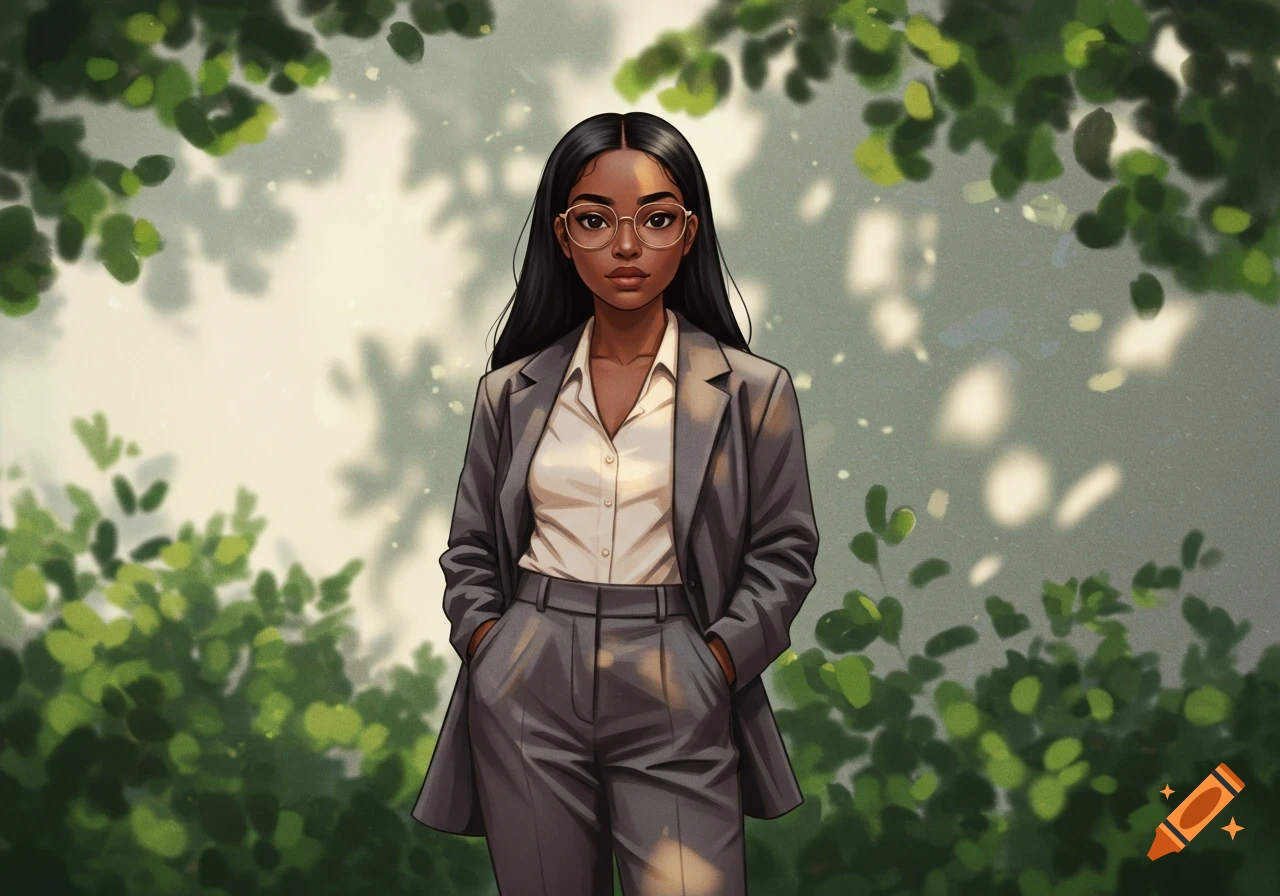 An anime illustration of a Black woman with long black hair and glasses, wearing a gray suit, standing in sunlight among green foliage.