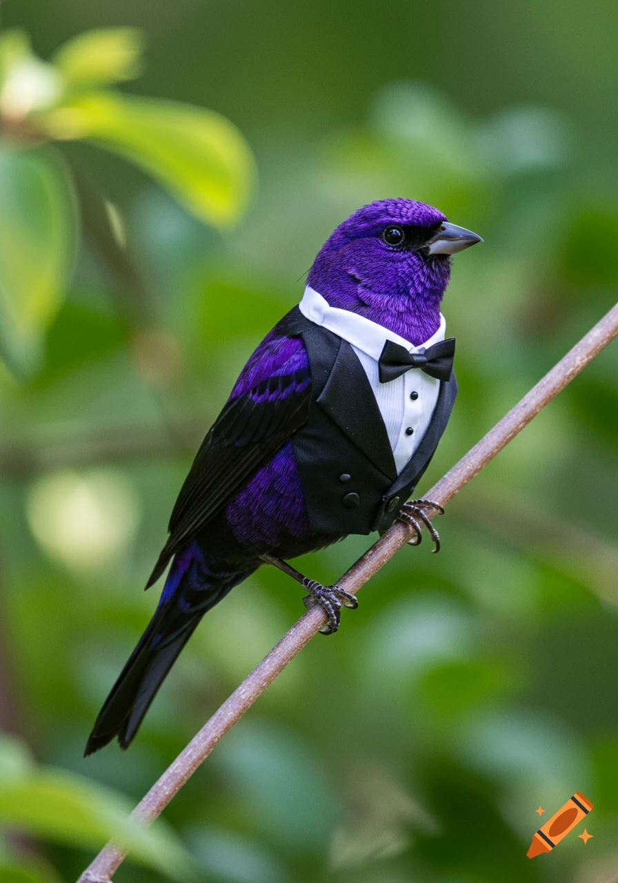 A vibrant purple bird wearing a black tuxedo with a white shirt and black bow tie, perched on a branch.