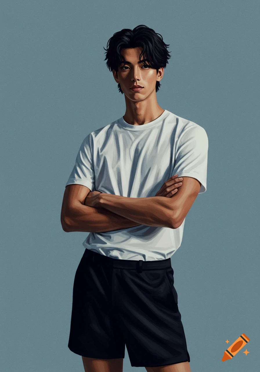 Digital painting of a young man with dark wavy hair, wearing a white t-shirt and black shorts, arms crossed, blue-gray background.