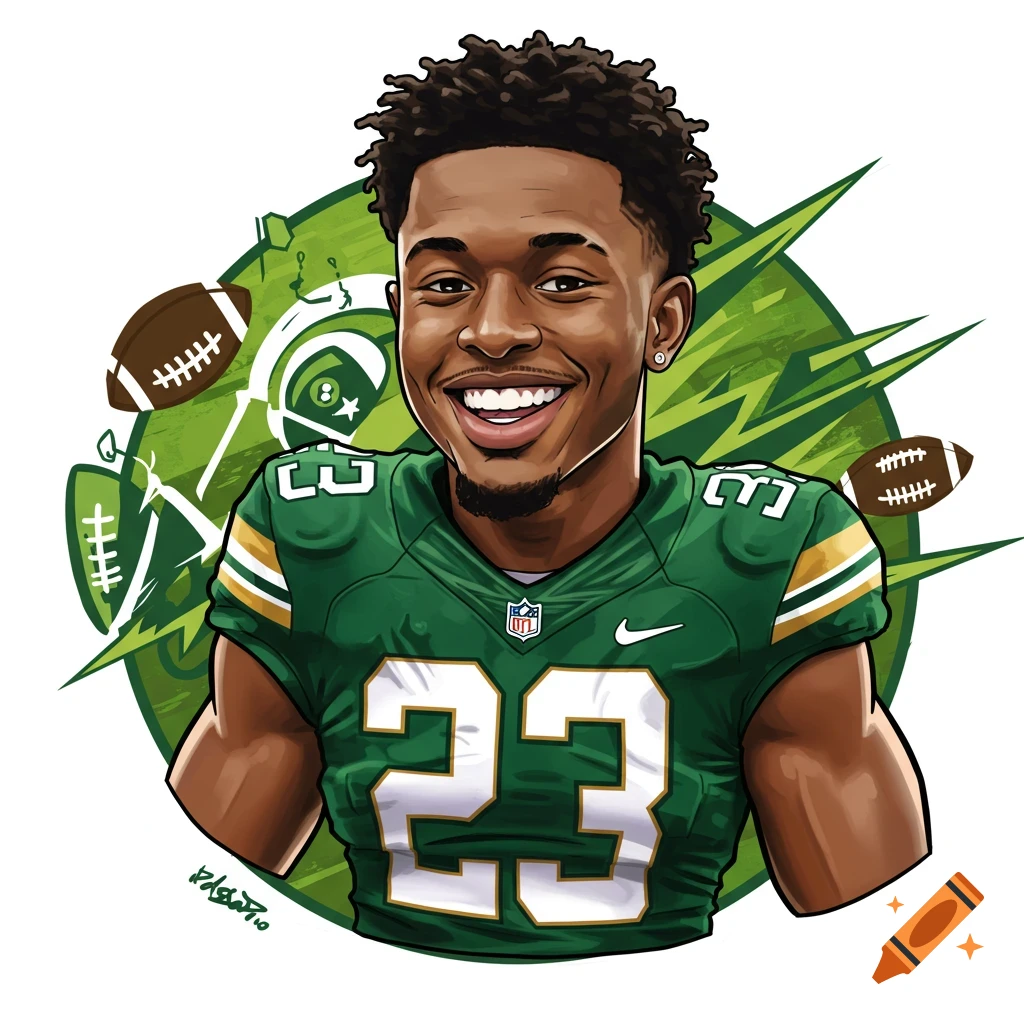 Cartoon illustration of a smiling African American football player in a green number 23 jersey, with footballs in the background.
