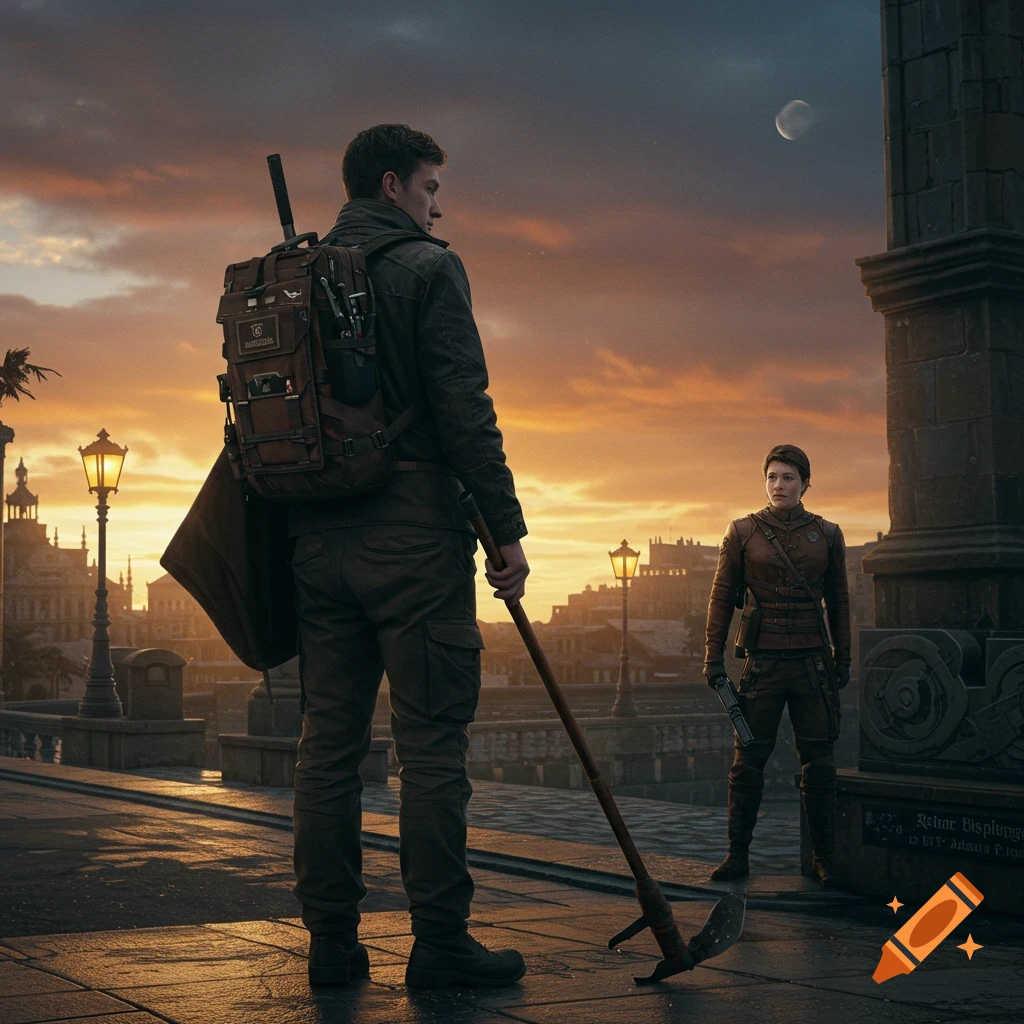Two adventurers, a man with a pickaxe and a woman with a pistol, stand on a bridge at sunset in a stylized city.