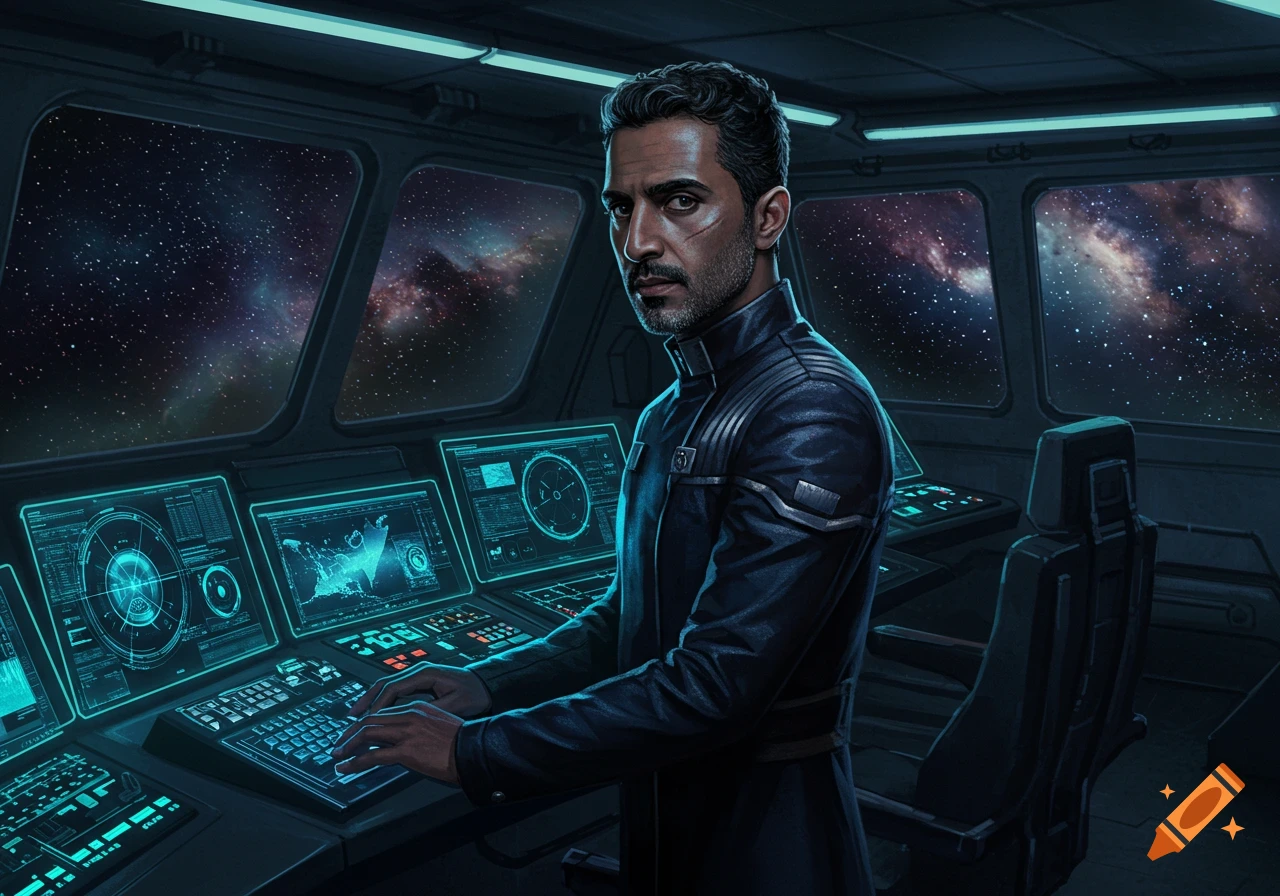 A Middle Eastern man in a space navy uniform operates a glowing console in a spaceship cockpit, with a starry galaxy visible through the windows.