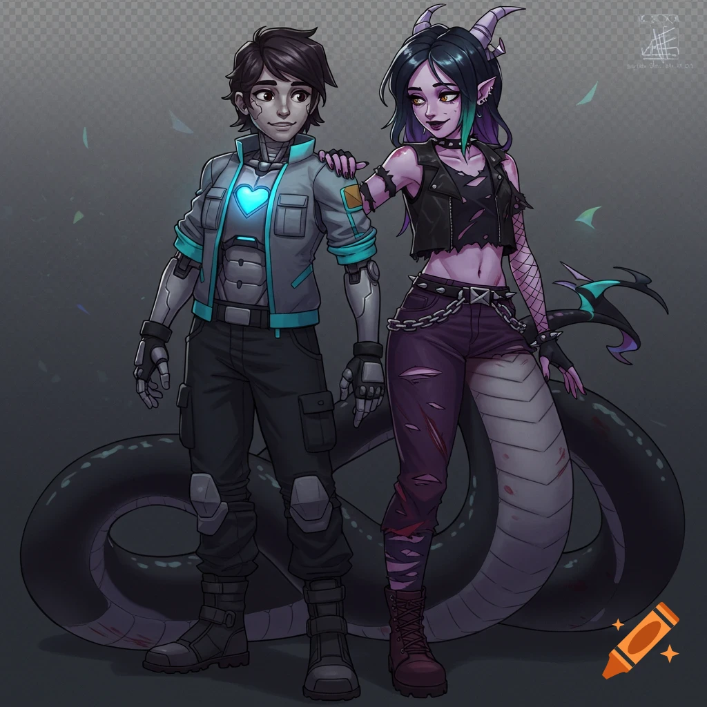 An anime-style illustration of a robot girl with a glowing blue heart and a goth-punk serpent girl with a long tail, standing together.