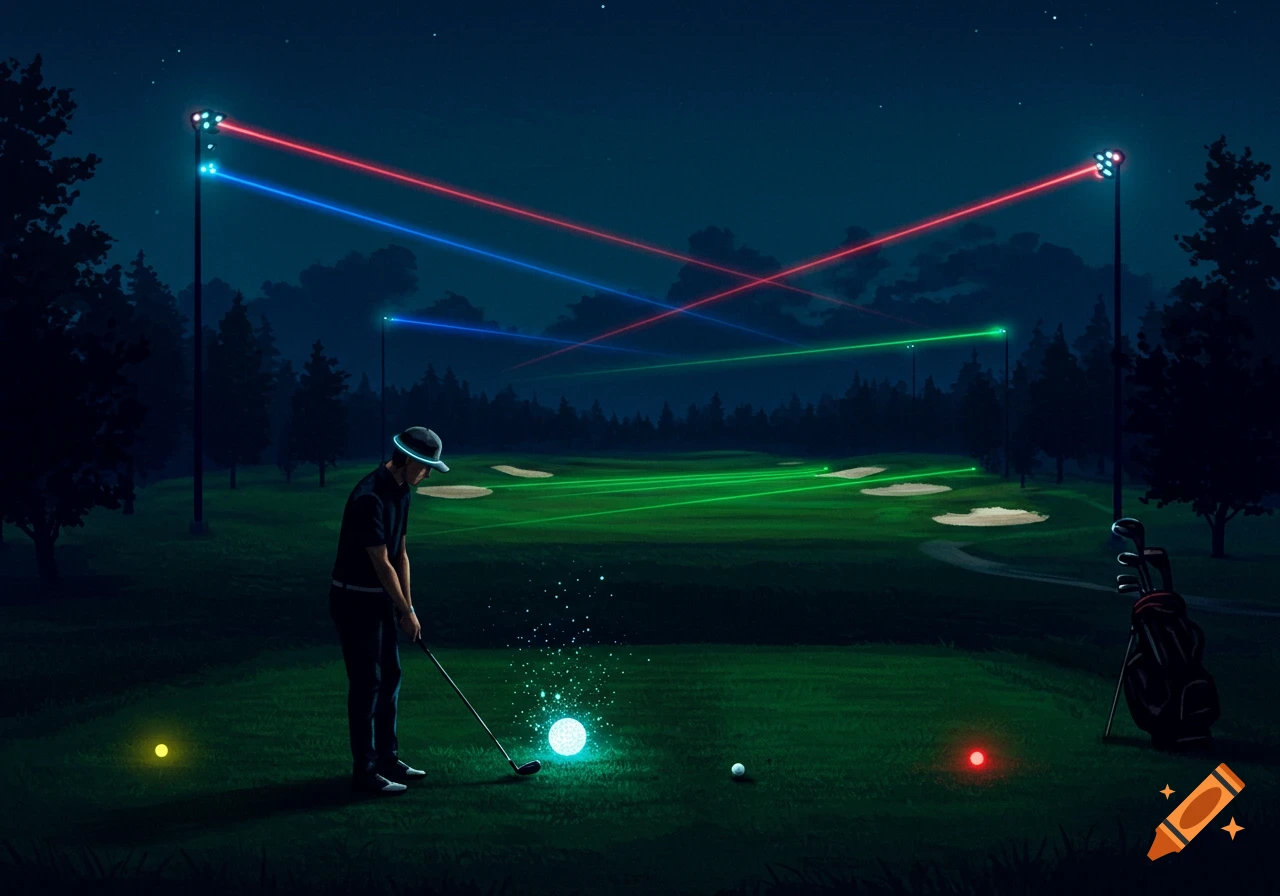 A golfer at night hitting a glowing ball on a course illuminated by red, blue, and green laser beams from tall lights.