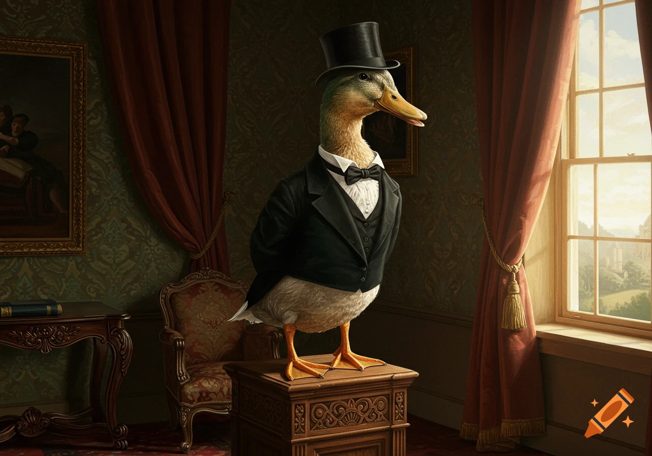 A duck wearing a top hat and tuxedo stands on a pedestal in an opulent, vintage-style room with a large window.