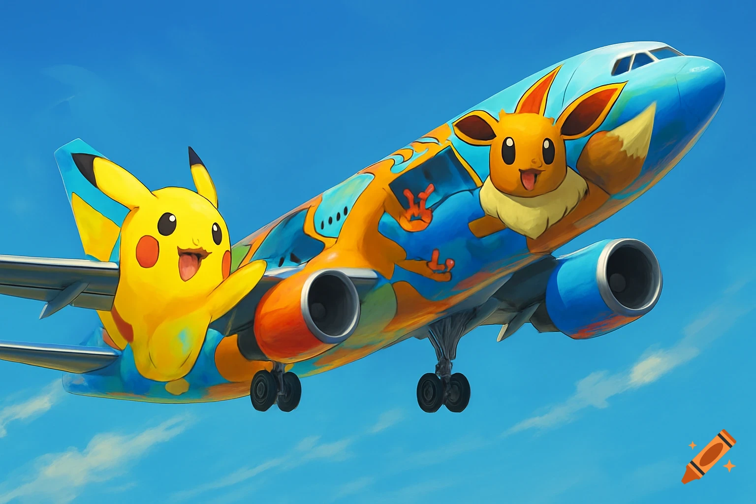 A stylized blue and orange airplane featuring large, happy illustrations of Pikachu and Eevee on its fuselage, flying against a clear blue sky.