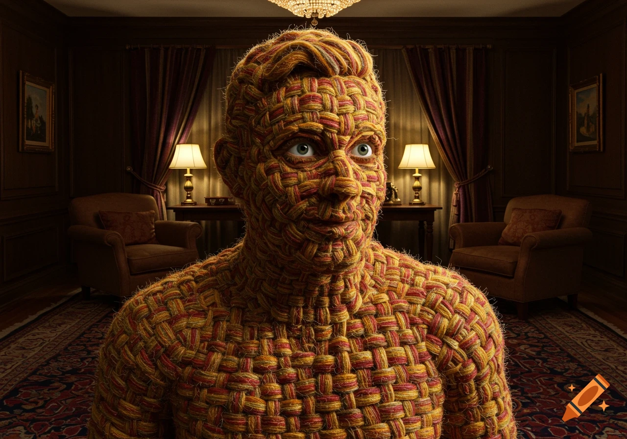 A surreal photorealistic image of a humanoid figure made entirely of woven red and yellow carpet material, standing in a dimly lit, ornate room with patterned rug and lamps.