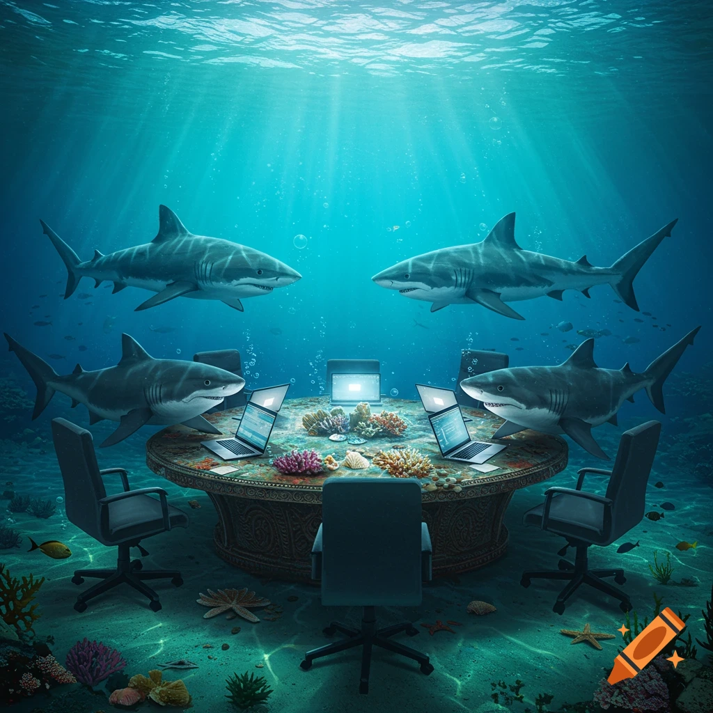 Four sharks gather around a round conference table with laptops underwater, illuminated by sun rays from above.