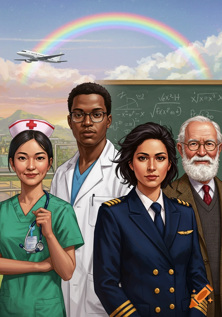 An illustration depicting a diverse group of professionals: a nurse, a doctor, a pilot, and a professor, standing under a rainbow with an airplane.
