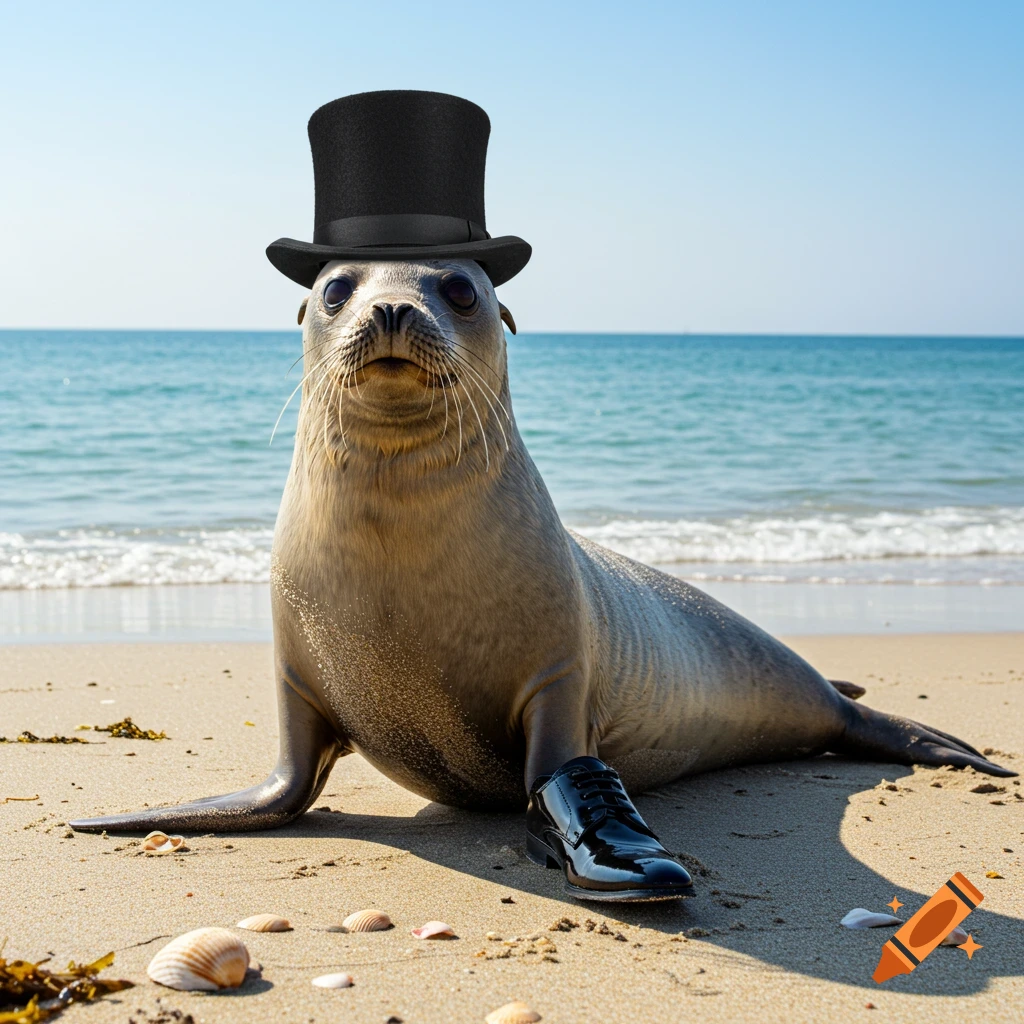 Photorealistic seal on a sunny beach, wearing a black top hat and one shiny black dress shoe.