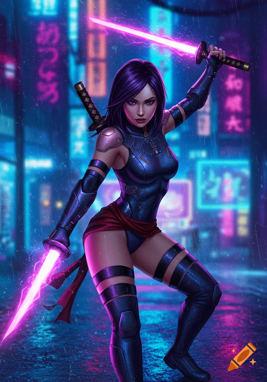 A woman with purple hair in a dark, armored bodysuit and thigh-high boots, holding two glowing pink swords in a neon-lit, rainy city street.