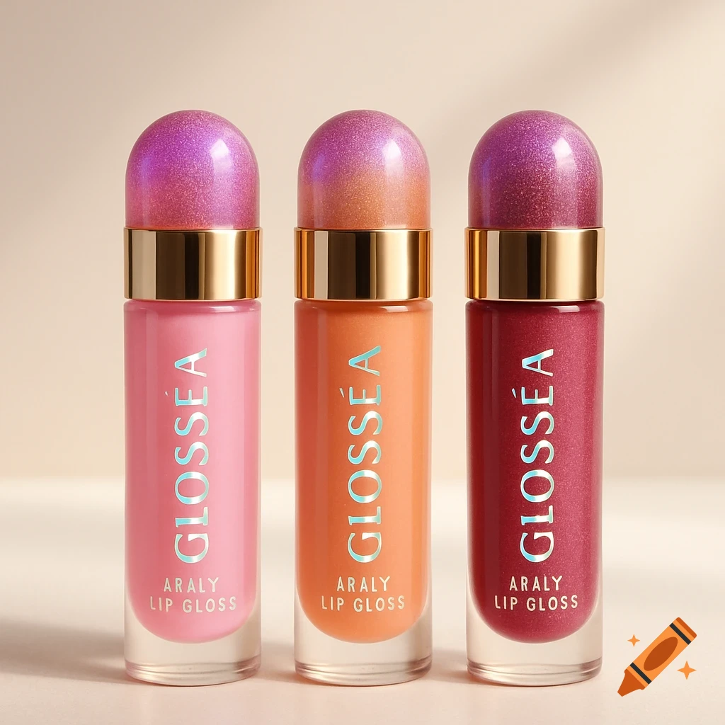 Three tubes of Gloss éa lip gloss in pink, peach, and berry shades with metallic caps and holographic labels.