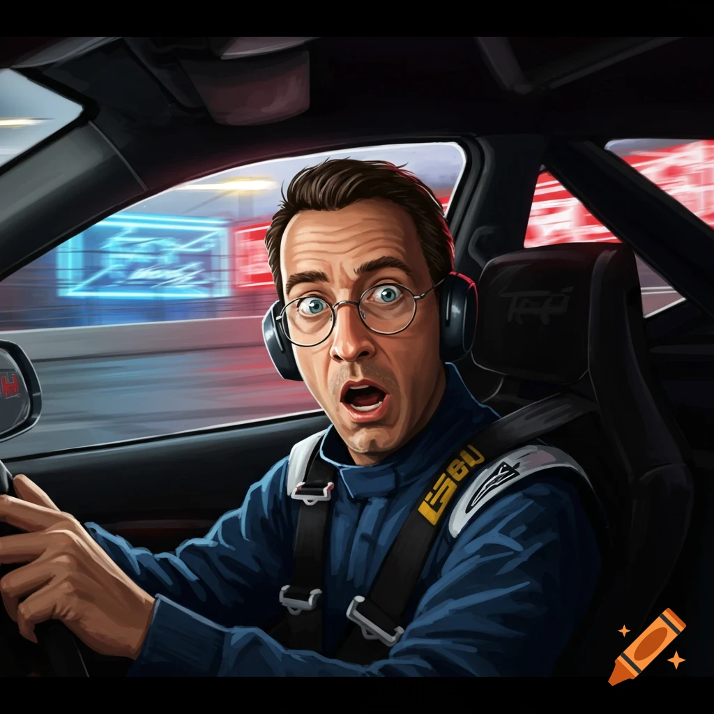 A cartoonish man with glasses and headphones in a racing suit driving a car, looking surprised with his mouth open.