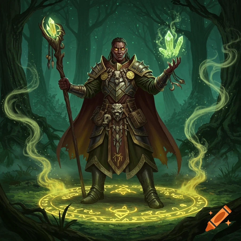 A dark-skinned male fantasy cleric in ornate armor holds a staff and glowing crystals, standing in a magical circle in a dark forest.