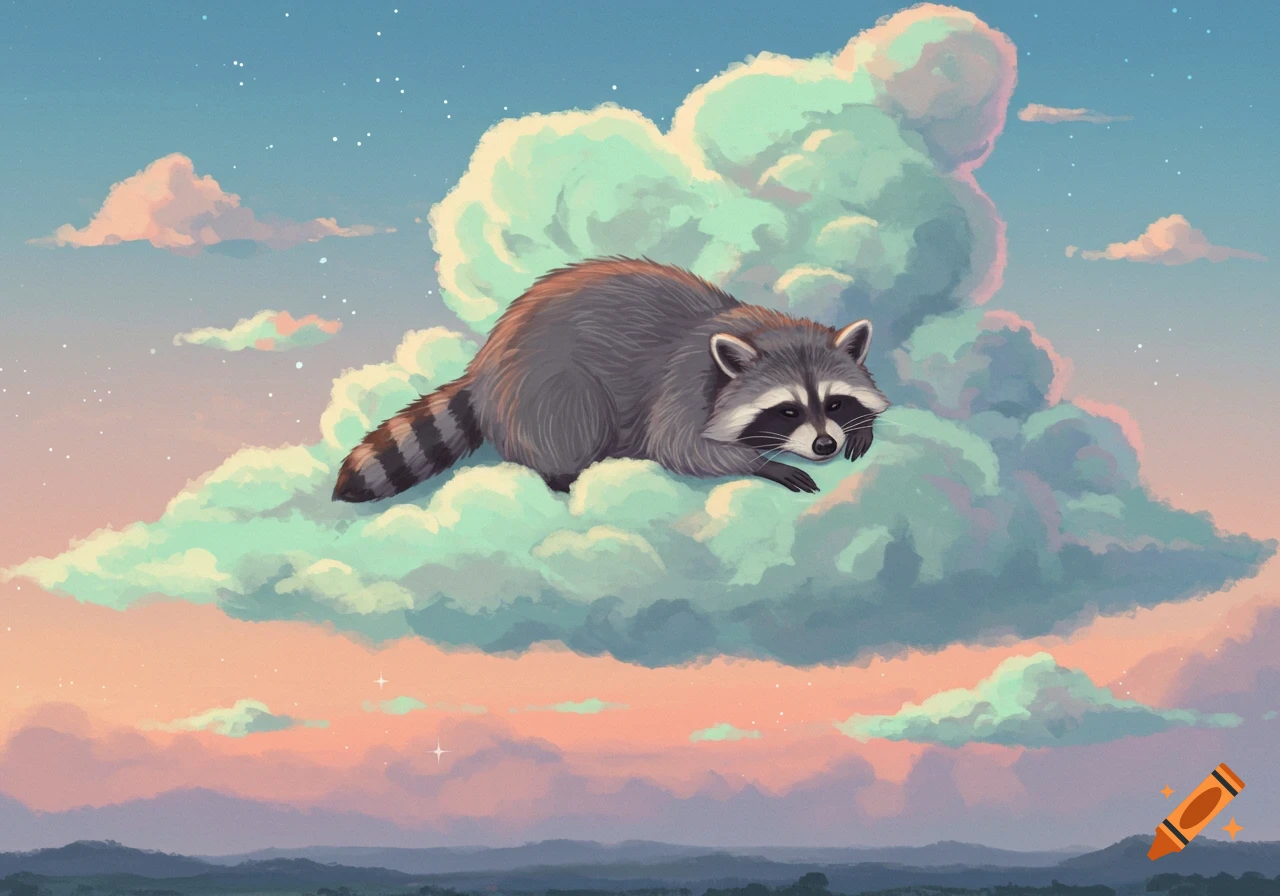 A stylized illustration of a lazy raccoon resting on a large light green cloud under a pastel sky with distant hills.