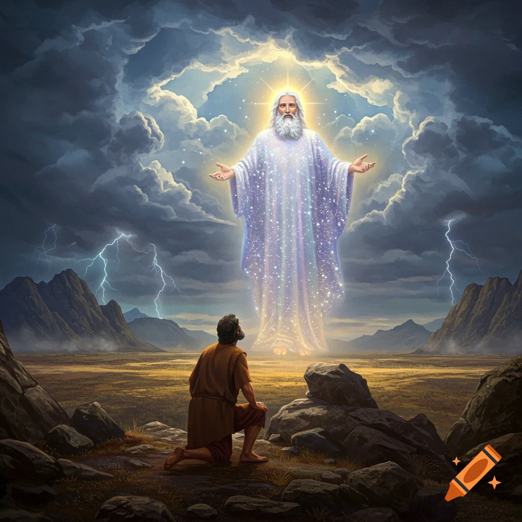 A man kneels before a glowing, god-like figure in a luminous cloud amidst a stormy, mountainous landscape with lightning.