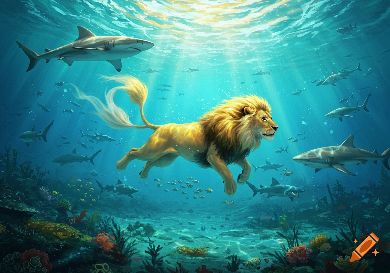 A majestic lion swims gracefully underwater surrounded by sharks and fish, with sunlight streaming from above onto a vibrant coral reef.