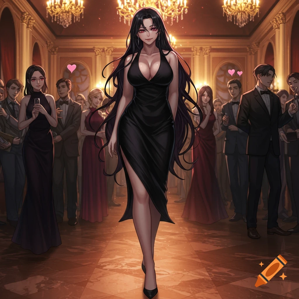 Anime style art of a buxom woman in a low-cut black dress walking confidently through a fancy party, surrounded by admiring guests.