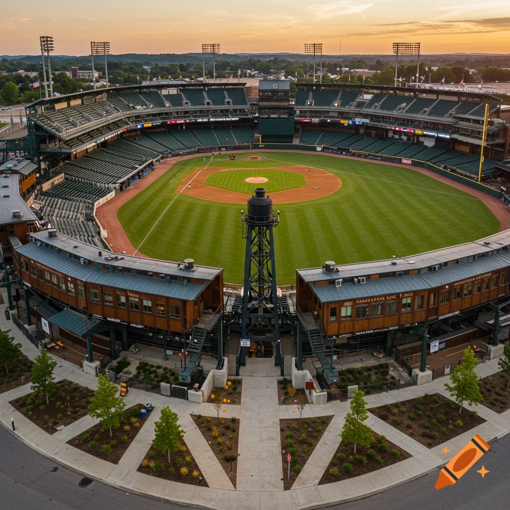 Aerial view of a baseball stadium at sunset, with repurposed railway cars as luxury suites and a central tower.
