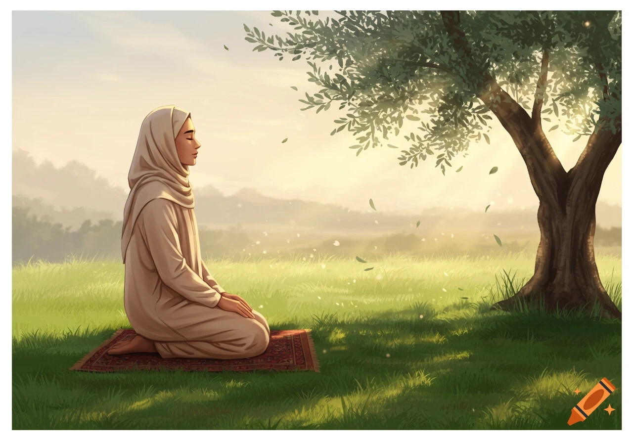 An illustrated woman in a hijab kneels on a prayer mat in a sunny field under a tree.
