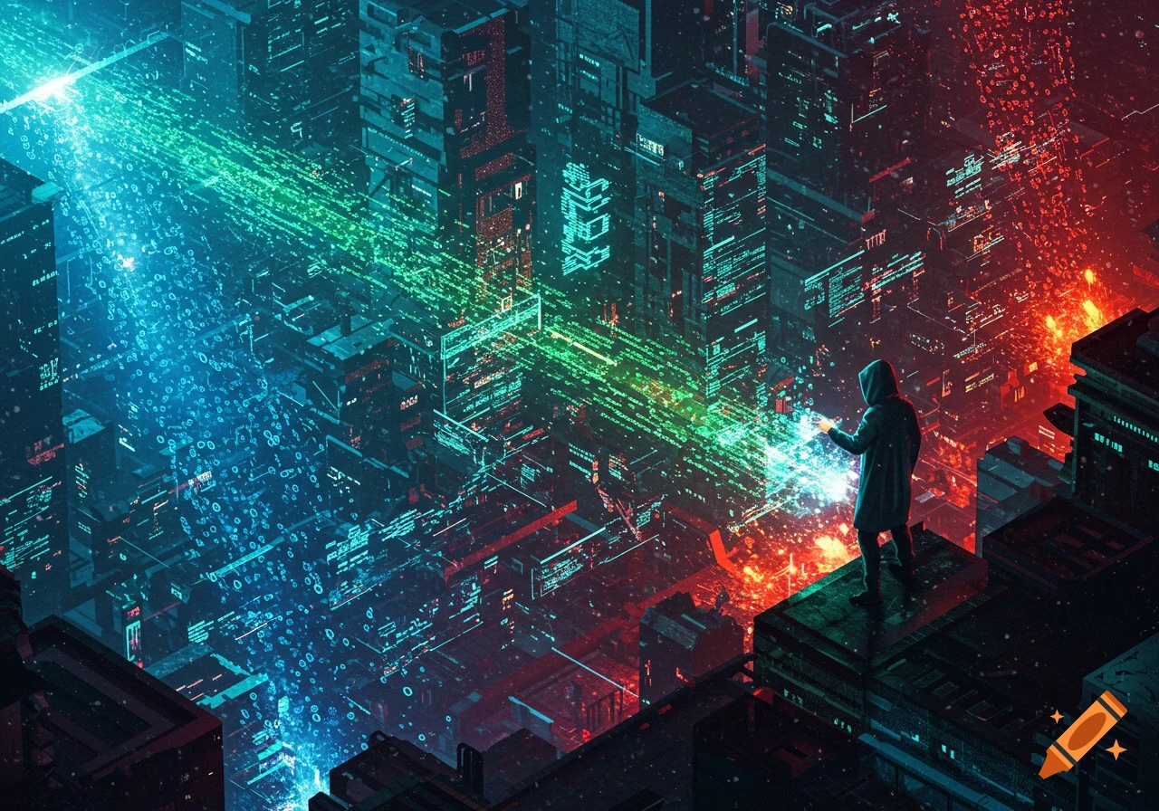 A hooded figure stands atop a futuristic skyscraper, overlooking a sprawling cityscape illuminated by glowing blue, green, and red data streams.