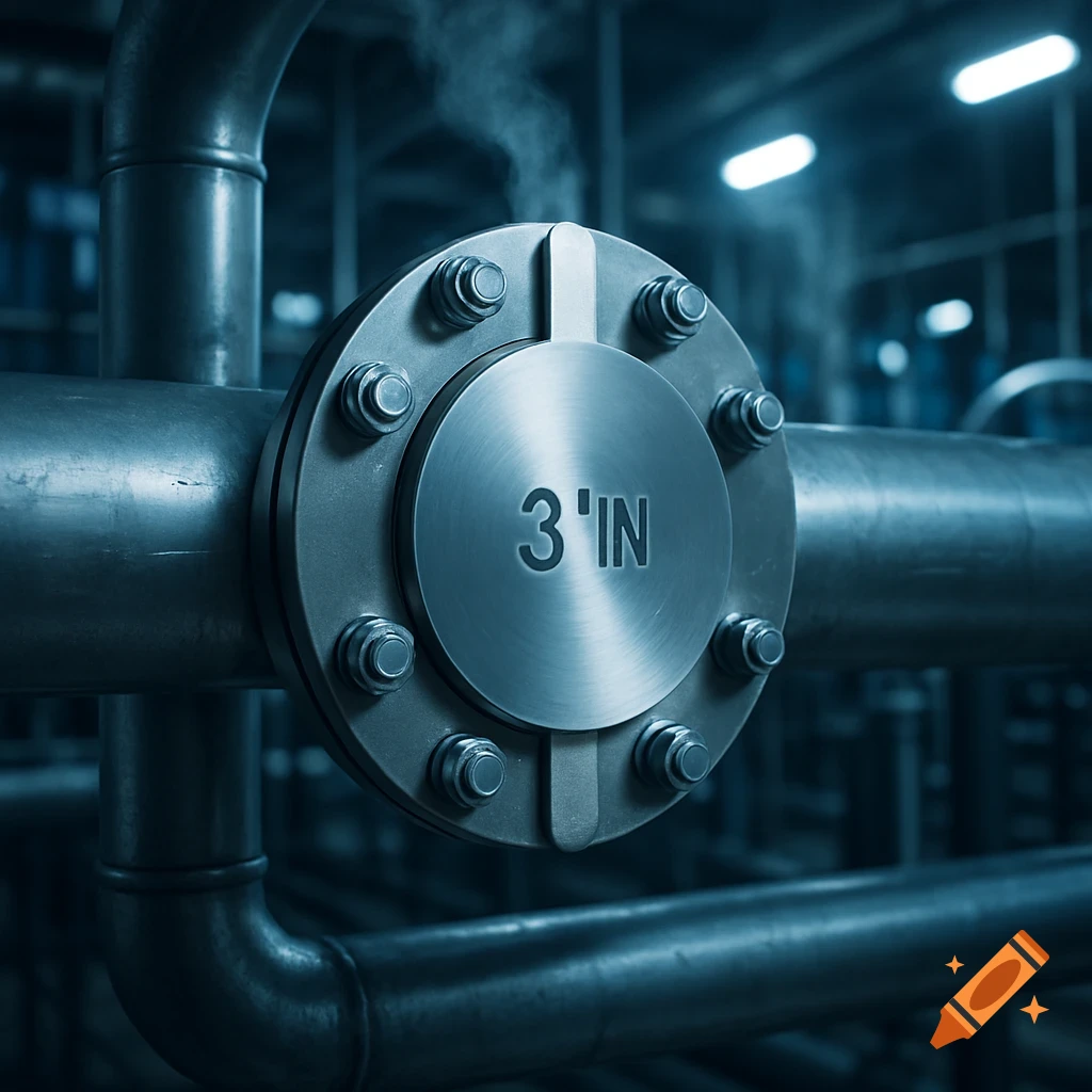 Close-up of a metal pipe flange with bolts, labeled "3 'IN", emitting steam in a dimly lit industrial setting. Photorealistic.
