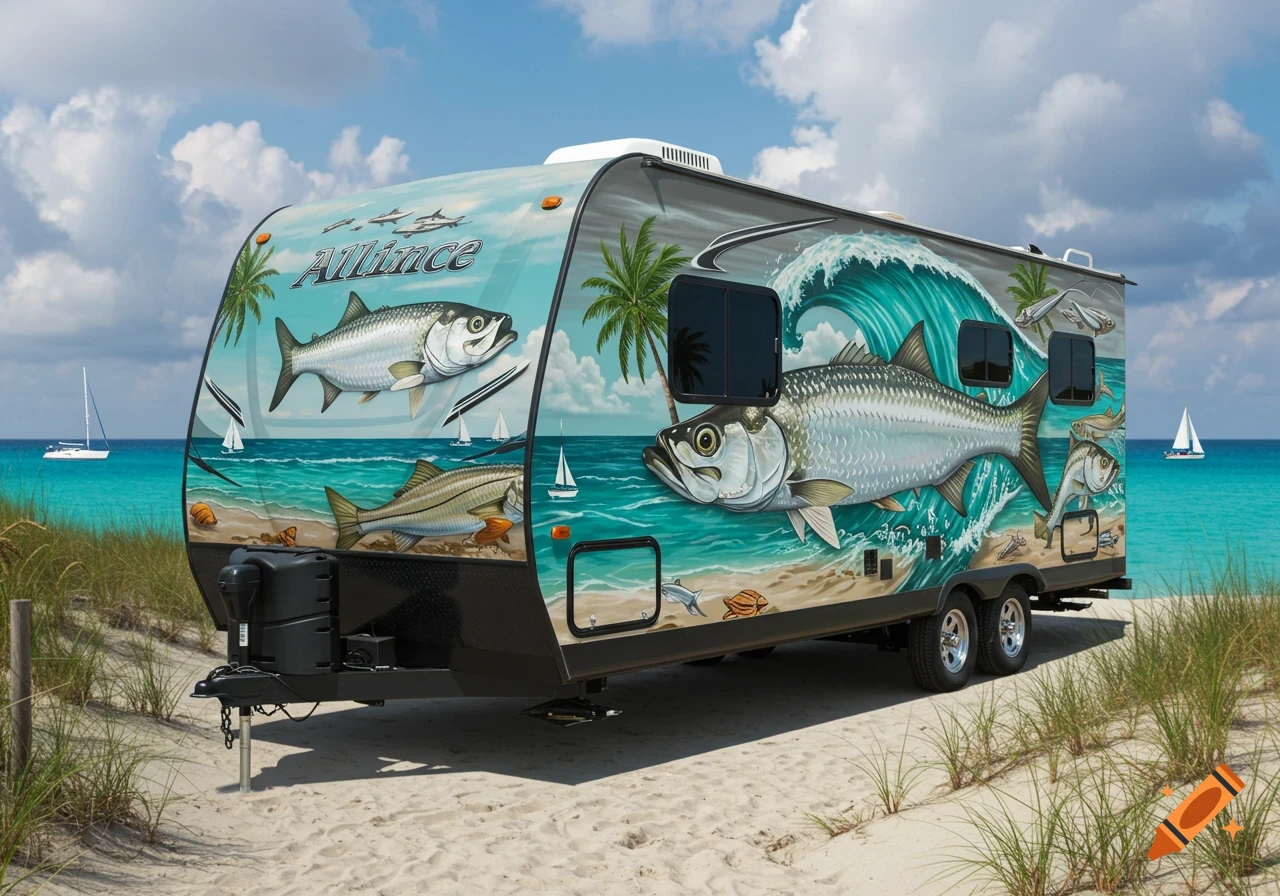 A travel trailer with a fishing-themed wrap featuring tarpon and snook, parked on a sandy beach with the ocean and sailboats in the background.