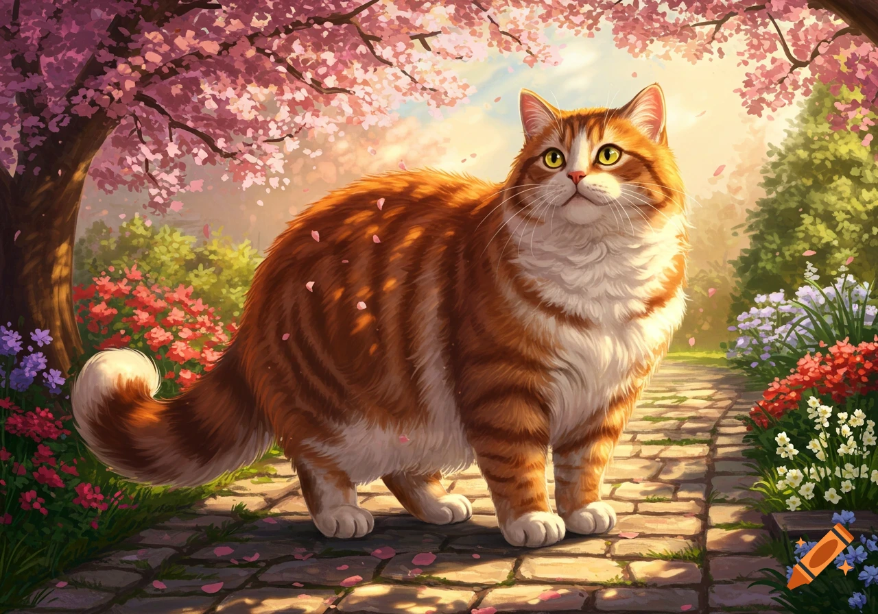 A fluffy orange and white tabby cat stands on a stone path in a vibrant spring garden with pink cherry blossoms falling.