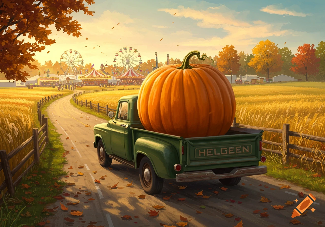 Green farm truck with a giant pumpkin driving on a country road towards a state fair in an autumn landscape.