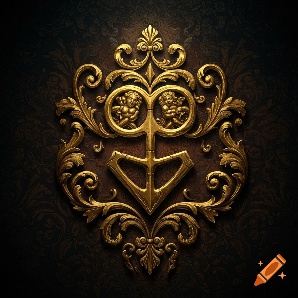 A golden, ornate baroque emblem featuring the Deltarune symbol and two cherubs, set against a dark, damask patterned background.