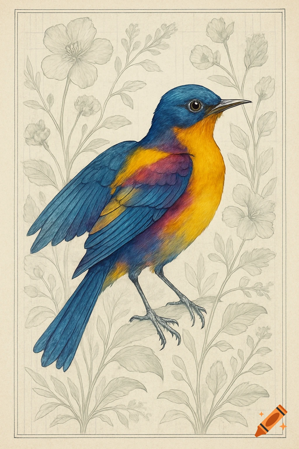 Vibrant blue and yellow bird in a scientific illustration style, with a background of botanical sketches.