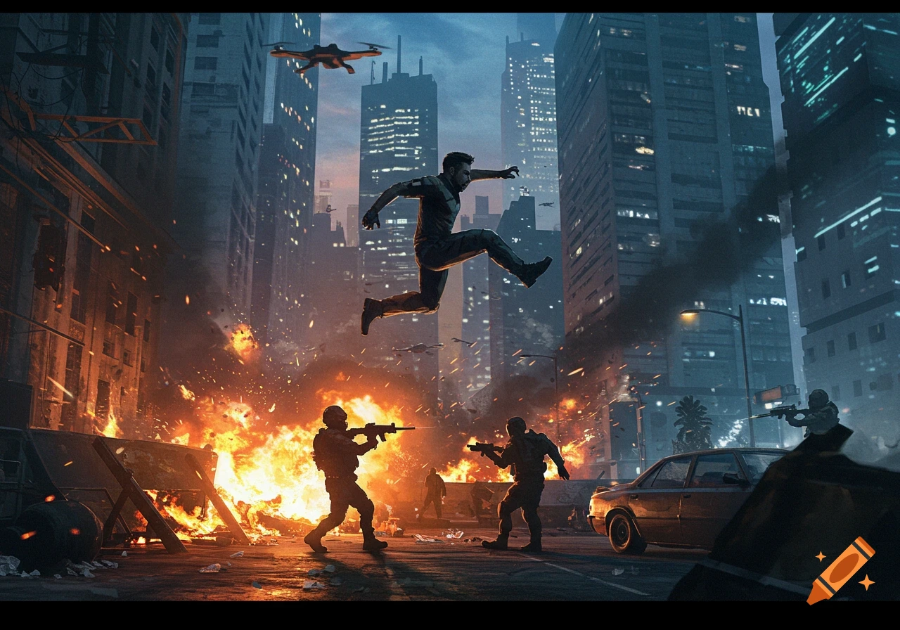 Photorealistic action scene: soldiers battle in a destroyed city street with explosions, a jumping figure, and a drone.