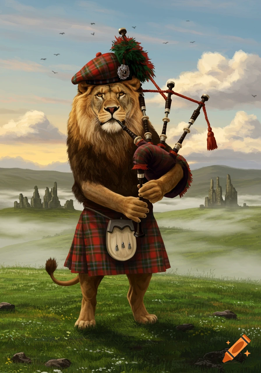 Anthropomorphic lion in a tartan kilt and hat playing bagpipes in a misty Scottish landscape.
