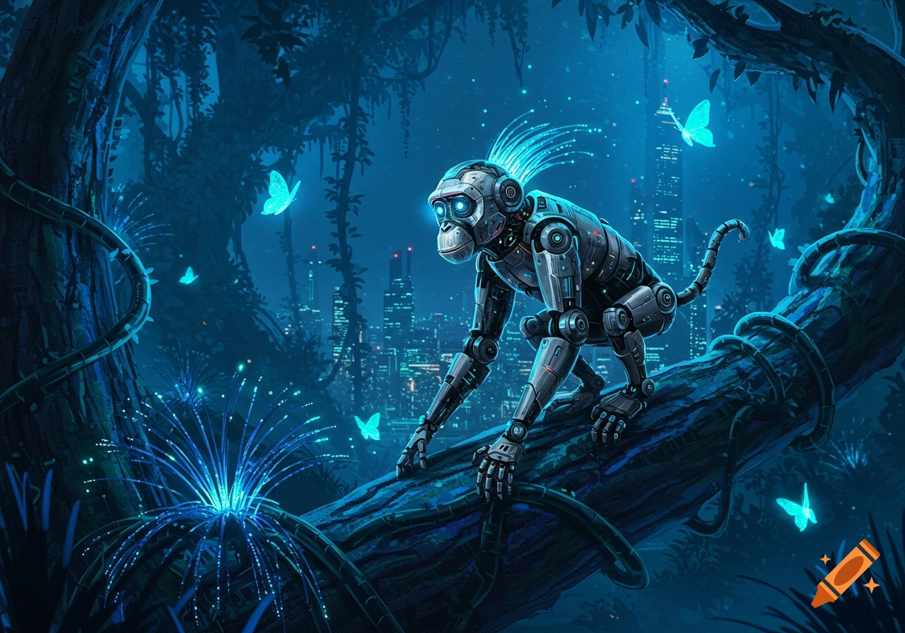 A glowing robot monkey with fiber optic hair climbs a bioluminescent tree branch in a jungle overlooking a futuristic city at night.