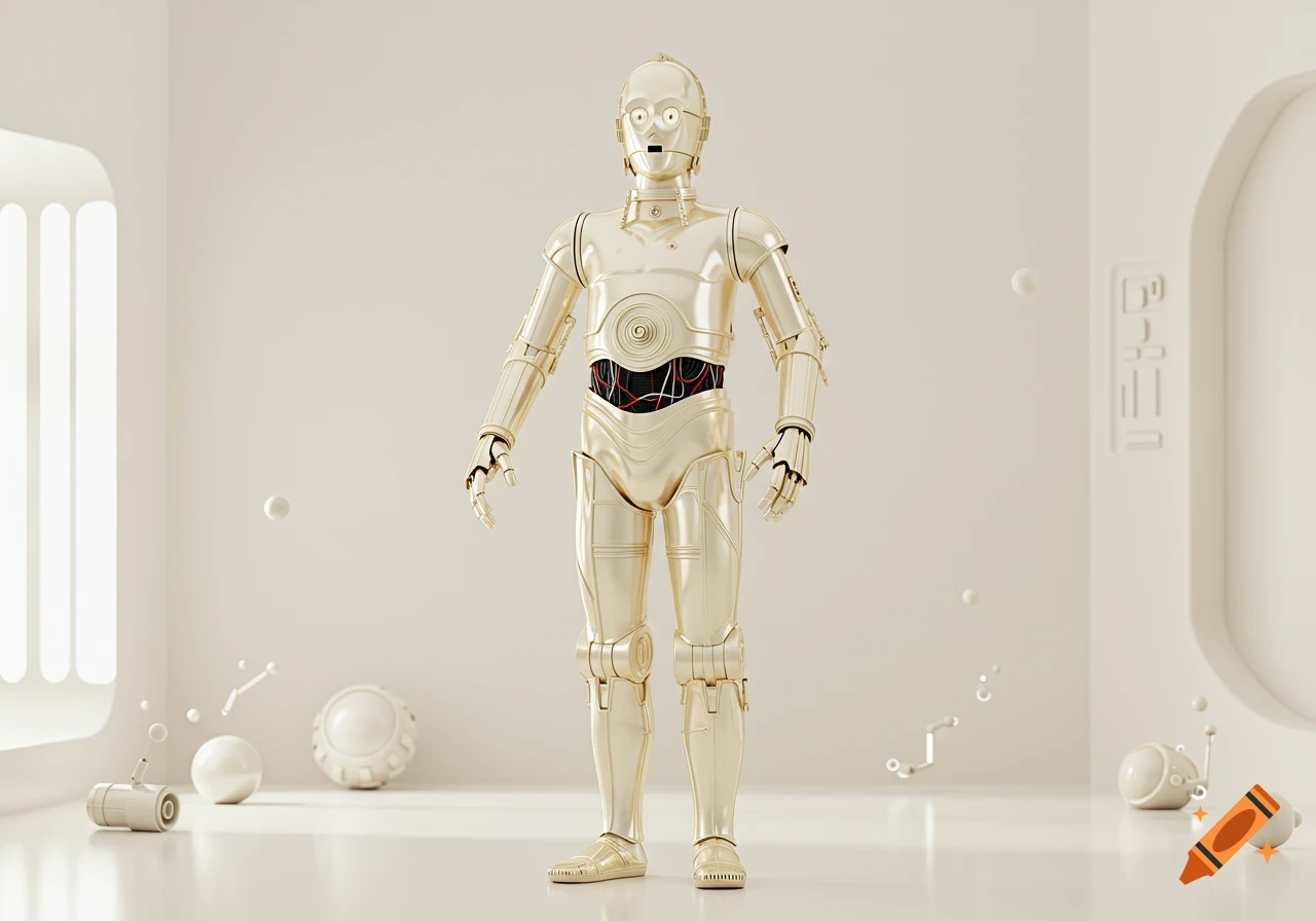 A golden, creamy C-3PO robot stands in a minimalist white room with floating abstract objects.