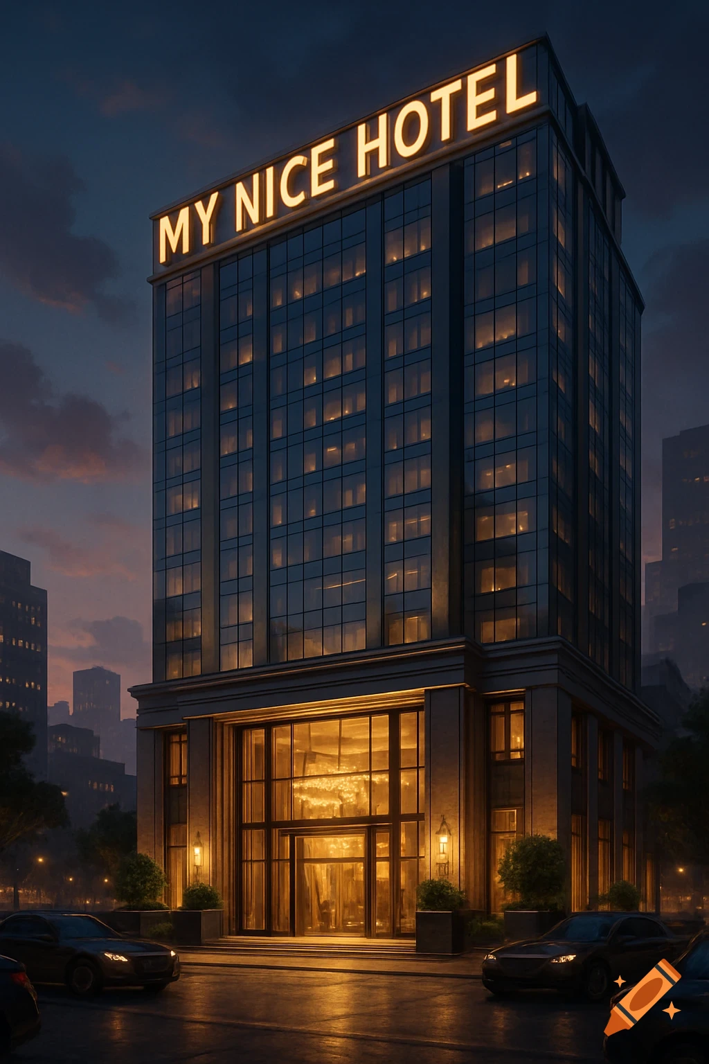 A photorealistic hotel building with a brightly lit 'MY NICE HOTEL' sign on top at dusk, cars parked outside.